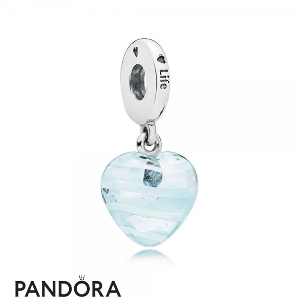 Pandora Blue Ribbon Heart Dangle Charm Murano Glass Jewelry