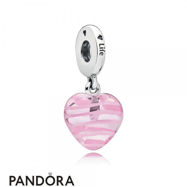 Women's Pandora Jewelry Pink Ribbon Heart Dangle Charm Murano Glass