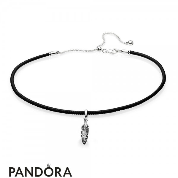 Women's Pandora Black Leather Choker Necklace & Feather Pendant