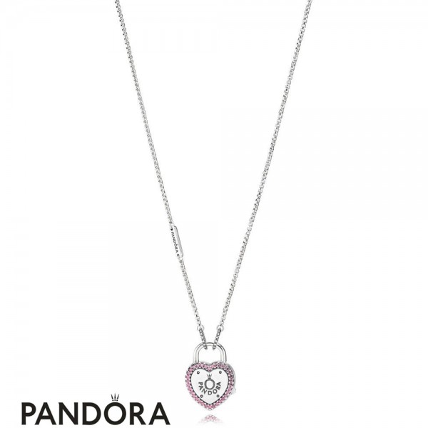 Women's Pandora Lock Your Promise Necklace Fancy Fuchsia Pink Cz