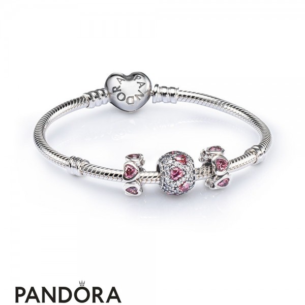 Women's Pandora Pink Heart Pave Ball Charm Bracelet Set